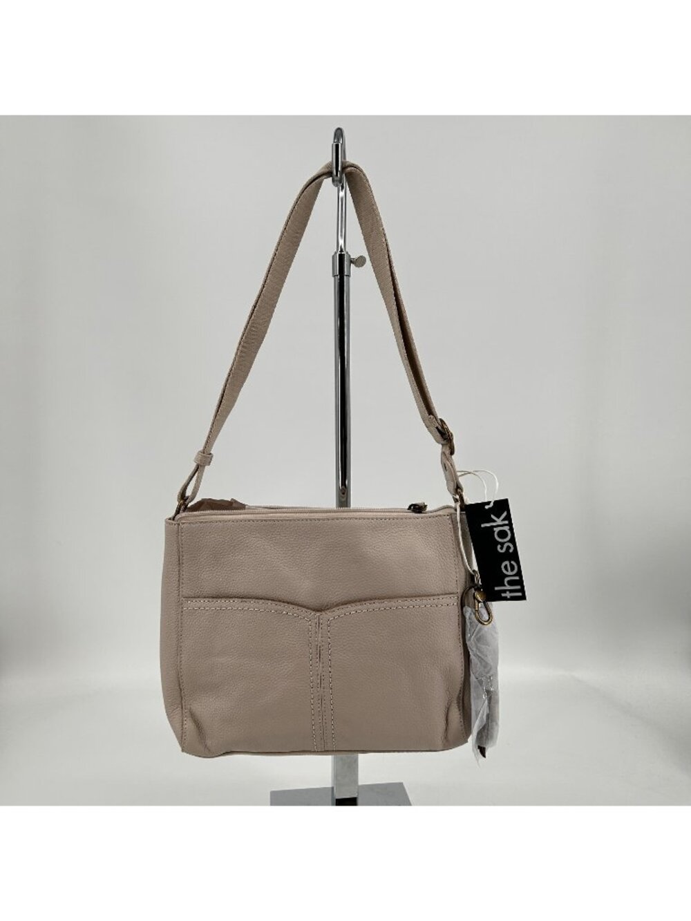The Sak Alameda Crossbody Stone Leather Zip Webbing Strap Brass Adjustable Lined